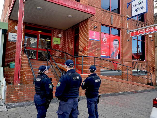 NSW Premier Chris Minns said the vandals had a certain amount of arrogance to break the law and graffiti the offices of different political parties. Picture: NewsWire / Nicholas Eagar