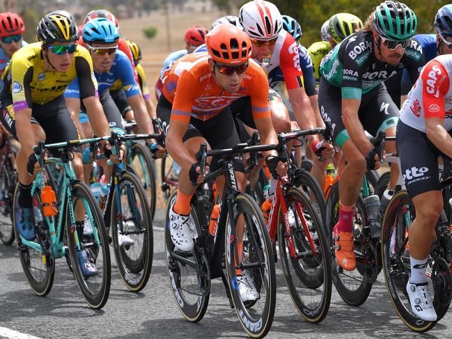 STRATHALBYN, AUSTRALIA - JANUARY 19: Patrick Bevin of New Zealand and CCC Team Orange Leader Jersey / Caleb Ewan of Australia and Team Lotto Soudal / Peloton / during the 21st Santos Tour Down Under 2019, Stage 5 a 149,5km stage from Glenelg to Strathalbyn / TDU / on January 19, 2019 in Strathalbyn, Australia. (Photo by Tim de Waele/Getty Images)