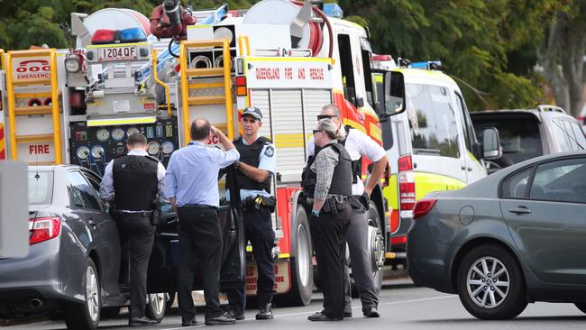 Police on the scene of a siege situation on Klingner Road at Redcliffe. Picture: Jono Searle