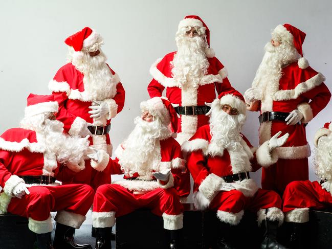 Santa's (standing) Adam Ninnis, Tremayne Bevan and Douglas Gurber, (sitting) Mark Settimio, Tony Carpenter, David Cronin and Michael Carson., Santa's prepare for the Christmas rush in Adelaide. Picture: Matt Turner