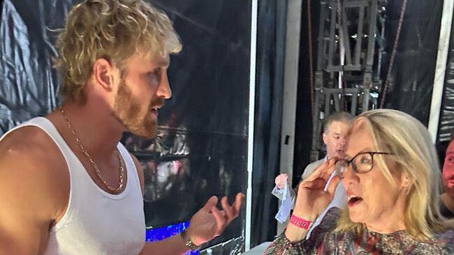 WA Deputy premier Rita Saffioti MLA having "a few words" with Logan Paul backstage at a WWE event in Perth. Picture: Facebook / Rita Saffioti