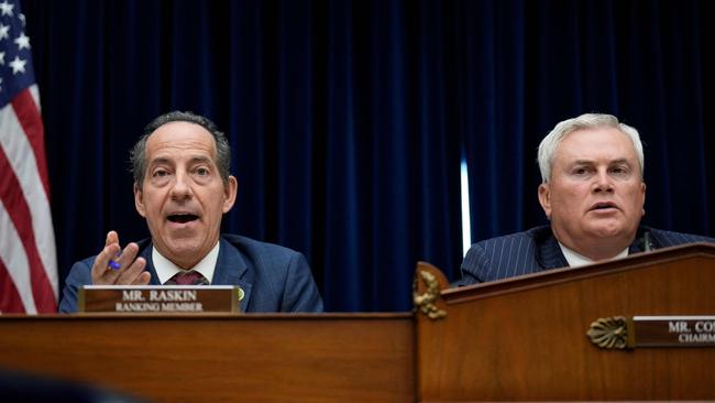 Chairman of the House Oversight Committee James Comer, right, looks on as Jamie Raskin delivers remarks during the committee hearing. Picture: AFP