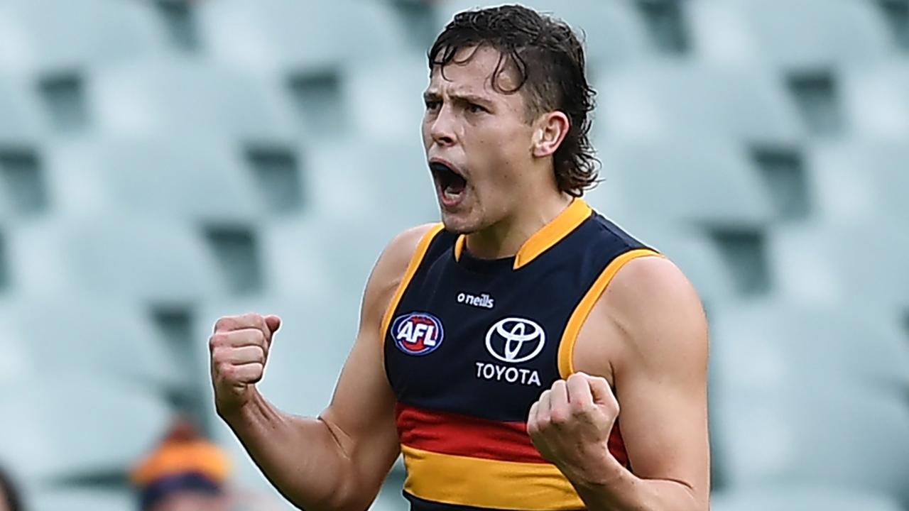 Soligo celebrates one of his two goals against the Eagles. Picture: Mark Brake/Getty Images