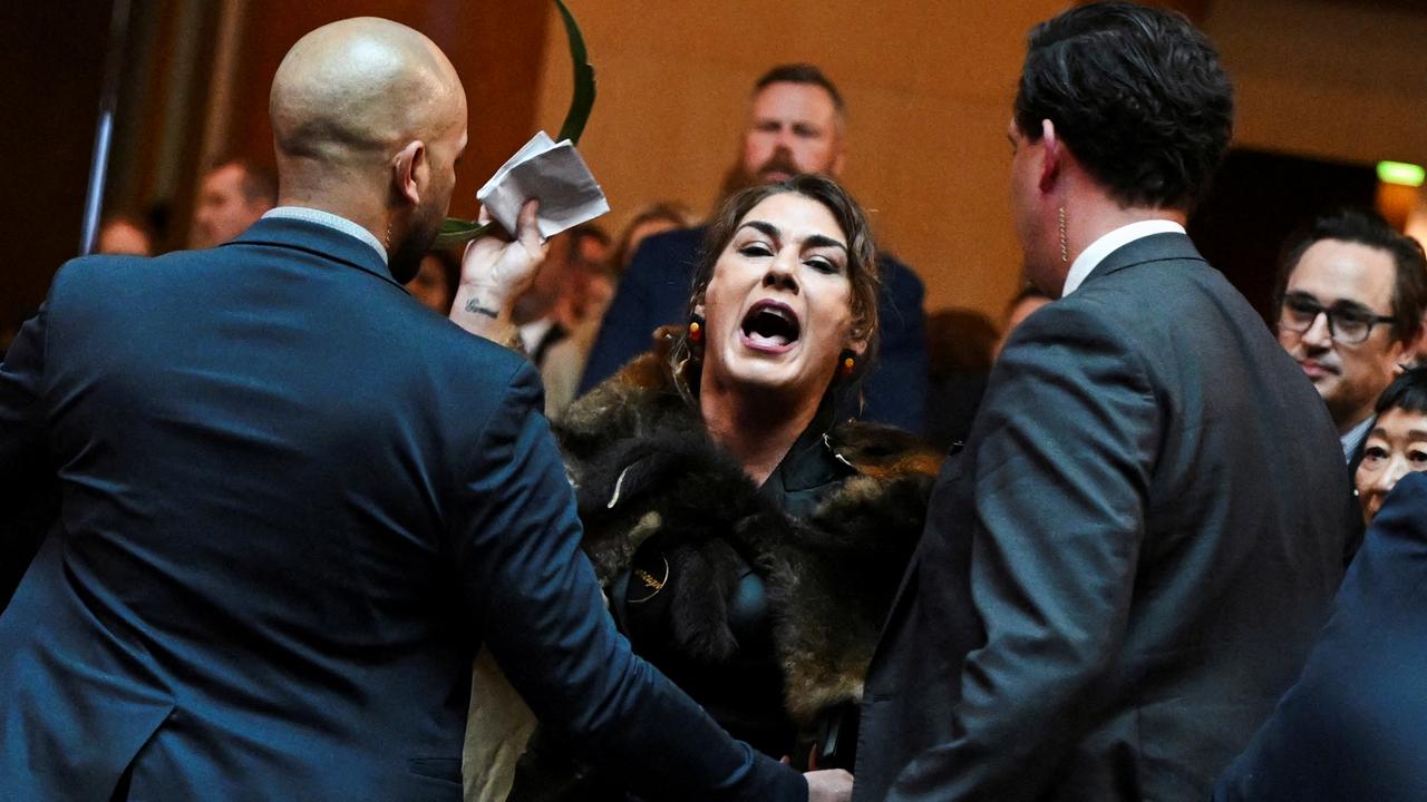 Senator Lidia Thorpe during her now infamous protest as King Charles and Queen Camilla attended a Parliamentary reception in Canberra. Picture: Victoria Jones/Pool via Reuters