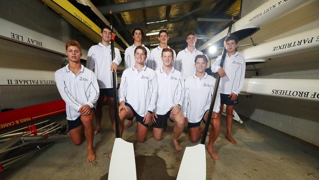 TSS Rowing First VIII Back Row : Dylan Kennedy , Mackenzie Branch , Lachie Wright Kai Dittmar Front Row : Grant Callaghan , Zach Nixon , Baxter Stewart , Harry Ward , Lockie Mactaggart Photograph : Jason O'Brien