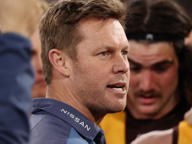 MELBOURNE, AUSTRALIA - August 5 , 2023. AFL .        Sam Mitchell, senior coach of Hawthorn. At 3 quarter time during the round 21 match between the Hawthorn and Collingwood at Marvel Stadium in Melbourne.   Photo by Michael Klein.