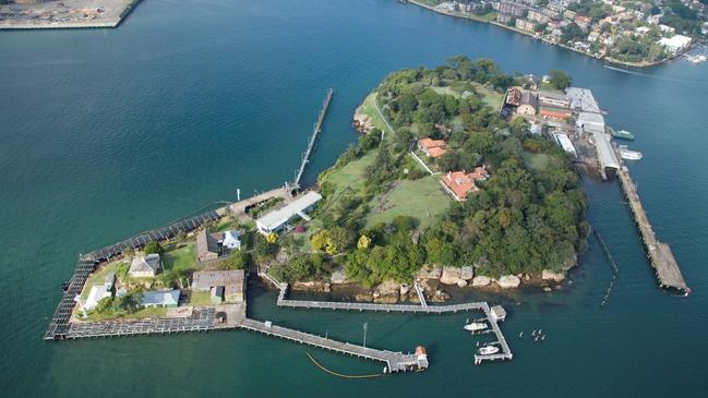 An aerial photo of Goat Island, also known as Me-Mel, on Sydney Harbour. Picture: Simon Cottrell/Botanic Gardens Trust