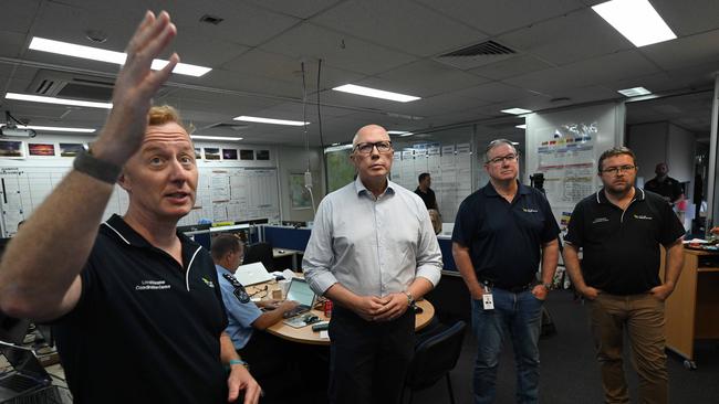 Federal opposition leader Peter Dutton during a briefing with Morton Bay Council disaster management as a result of ex cyclone Alfred, Brisbane. Picture: Lyndon Mechielsen/The Australian