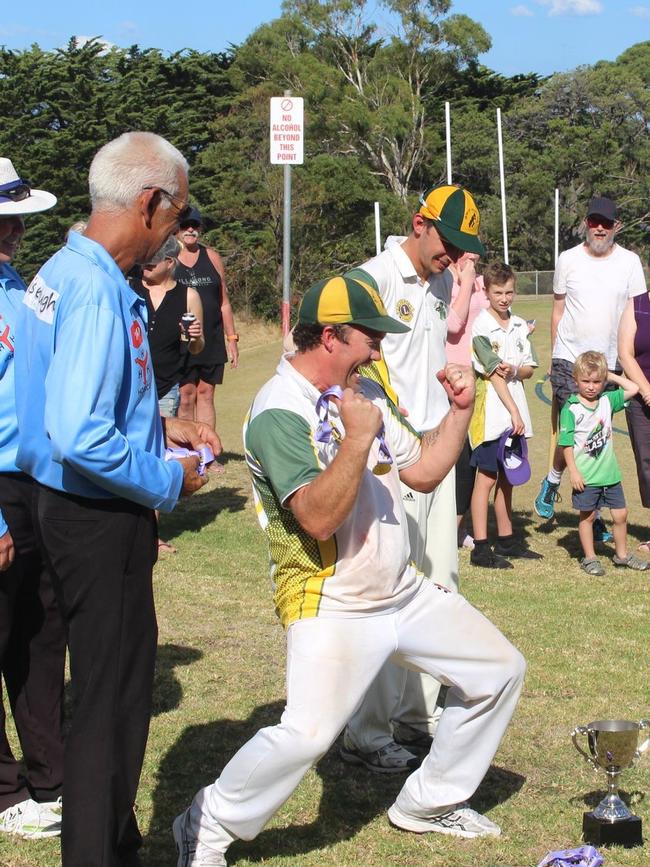 Jeff Bluhm celebrates Dromana's First XI premiership last season. Picture: Adam Voigt