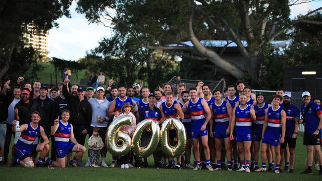 The UNSW-ES Bulldogs community comes together to celebrate 600 games for Troy Luff. Picture: Leigh Gazzard