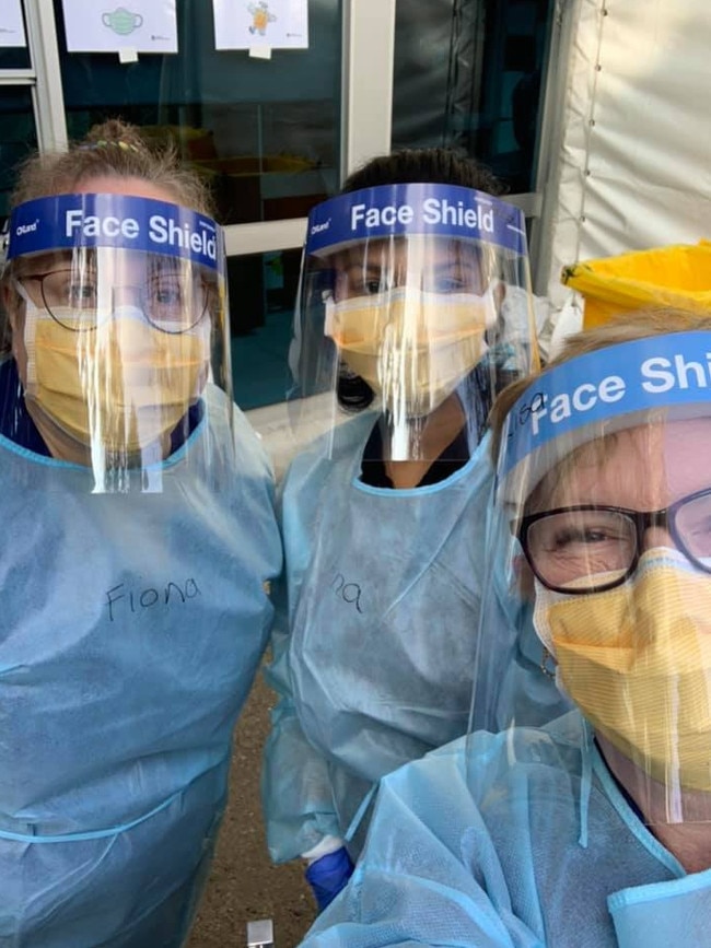 Knox Private Hospital nurse Lisa Peters with fellow nurses at the Melbourne towers. Picture: Lisa Peters