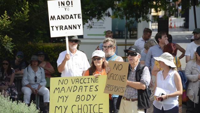 Protesters at an anti-vaccine mandate rally outside Toowoomba City Hall on Tuesday. Picture: Tom Gillespie