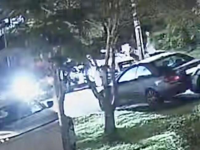 18 APRIL 2025. Still from CCTV showing men entering the Bankstown home of a woman who was kidnapped and left for dead in a burning car after a horror home invasion. The 45-year-old mother was found scorched in the back of a burnt out SUV in the nearby suburb of Beverly Hills.  Picture: Supplied
