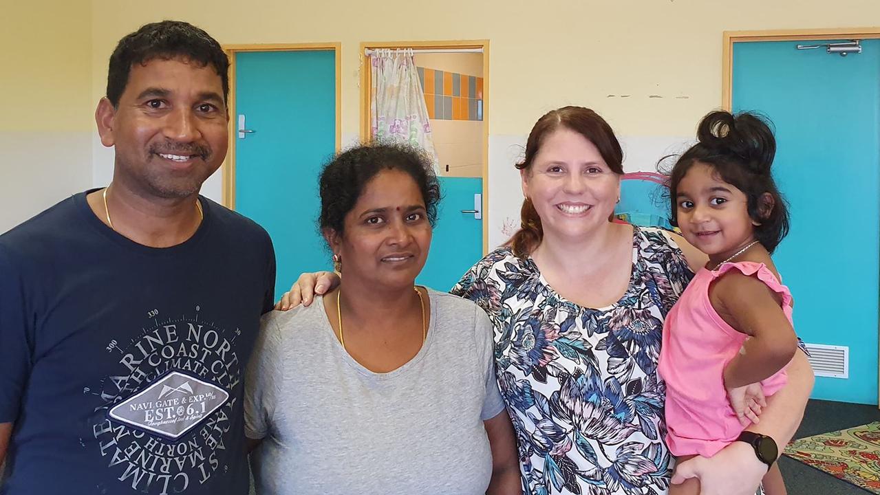 Angela Fredericks with Nades, Priya and Tharunicaa during a visit to the Christmas Island Detention Centre. Picture: Supplied.