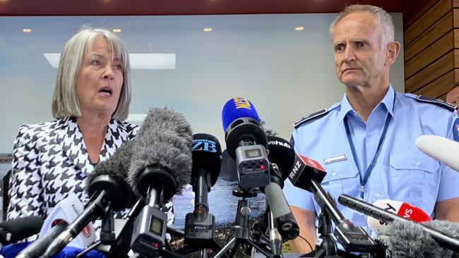 Coroner Deborah Marshall and acting assistant police commissioner Bruce Bird address a press conference in Whakatane. Picture: AP