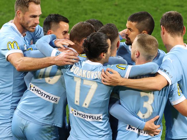 MELBOURNE, AUSTRALIA - MAY 13: Jamie Maclaren of Melbourne City celebrates after scoring a goal during the A-League match between Melbourne City and Adelaide United at AAMI Park, on May 13, 2021, in Melbourne, Australia. (Photo by Robert Cianflone/Getty Images)