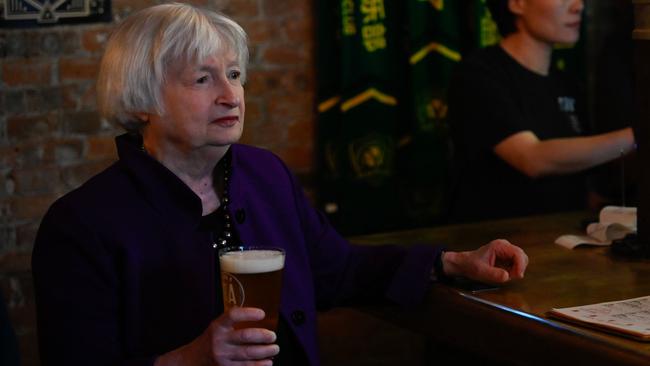 US Treasury Secretary Janet Yellen samples a beer at the Jing-A brewery in Beijing. Picture: Pedro Pardo/AFP