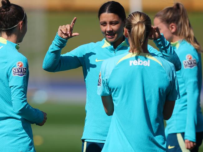 BRISBANE, AUSTRALIA - AUGUST 03: Sam Kerr during an Australia Matildas training session during the the FIFA Women's World Cup Australia & New Zealand 2023 at Queensland Sport and Athletics Centre on August 03, 2023 in Brisbane, Australia. (Photo by Chris Hyde/Getty Images)