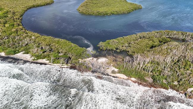 Drone photos of the northern part of Bribie Island where water has flowed through. Picture: Shane T Reynolds