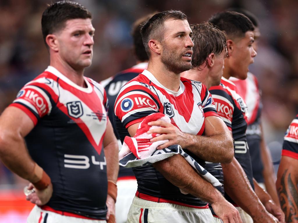 James Tedesco and the Roosters look on after a Broncos try. Picture: Getty Images