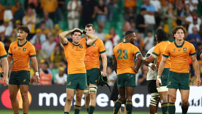 SAINT-ETIENNE, FRANCE - SEPTEMBER 17: Ben Donaldson of Australia looks dejected at full-time following the Rugby World Cup France 2023 match between Australia and Fiji at Stade Geoffroy-Guichard on September 17, 2023 in Saint-Etienne, France. (Photo by Chris Hyde/Getty Images)