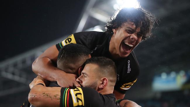 Jerome Luai of the Panthers celebrates with Josh Mansour of the Panthers after scoring a try, which was then disallowed by the video referee during the 2020 NRL Grand Final. Picture: Getty Images