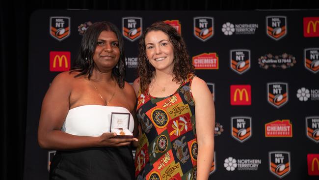 Ellie Niki and Genna Stiles at the 2023 NRL NT Frank Johnson / Gaynor Maggs medal night. Picture: Pema Tamang Pakhrin