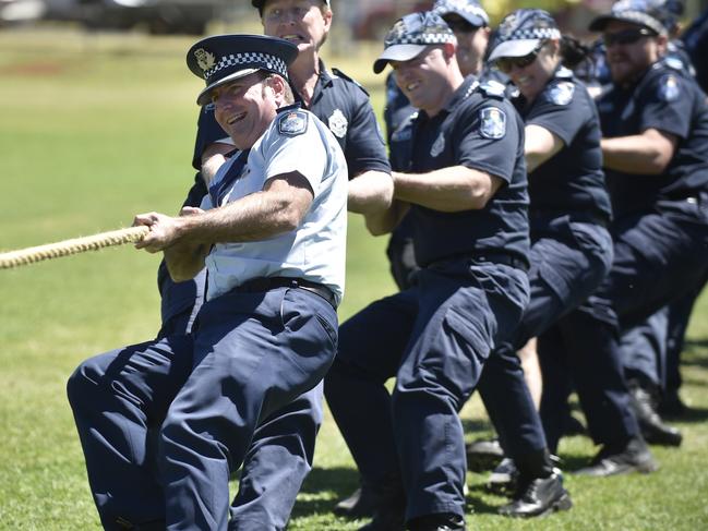 Ben Marcus (front) as a superintendent during the annual tug of war between police and St Mary’s College students in Toowoomba