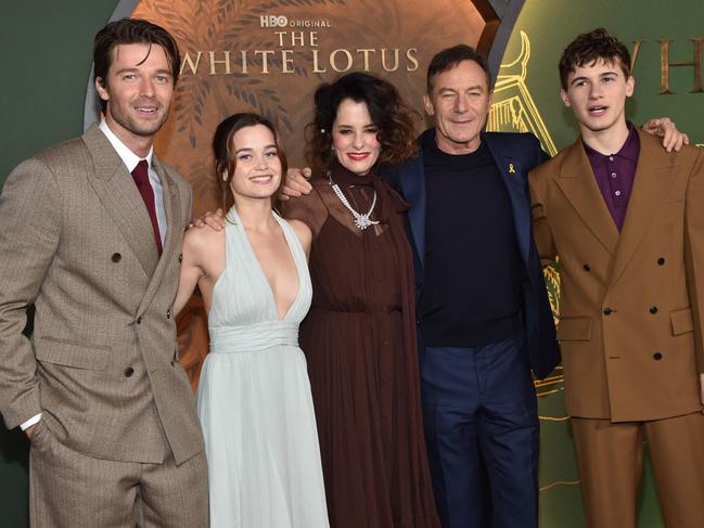 The actor’s family on The White Lotus is played by (from left to right) Patrick Schwarzenegger, Sarah Catherine Hook, Parker Posey and Sam Nivola. Picture: Chris DELMAS / AFP