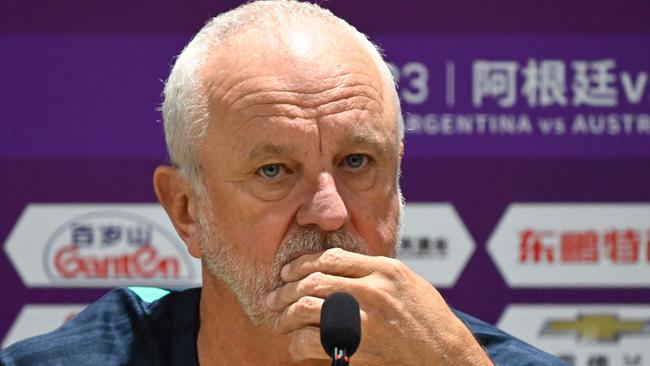 Australiaâs head coach Graham Arnold attends a press conference ahead of a football invitational match between Argentina and Australia at Worker's stadium in Beijing on June 14, 2023. (Photo by WANG Zhao / AFP)