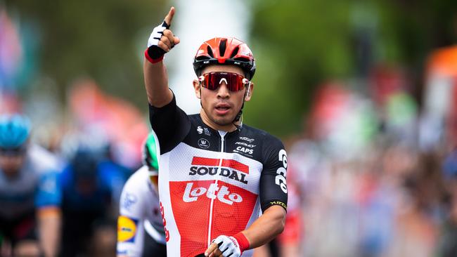 Caleb Ewan wins Stage 4 of this year’s Tour Down Under. Picture: Daniel Kalisz (Getty).