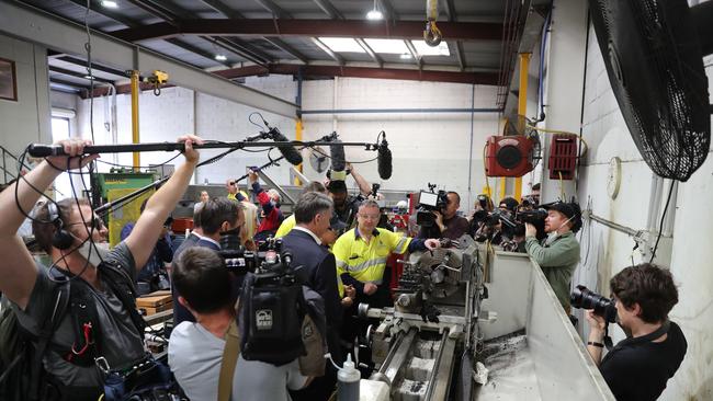 Labor Party Leader Richard Marles with Shadow Treasurer Jim Chalmers MP, Shadow Minister Senator Katy Gallagher, and Labor Candidate for Forde Rowan Holzeberger, visiting Munster Mechanical in Slacks Creek just outside Brisbane. Picture: Tim Hunter.