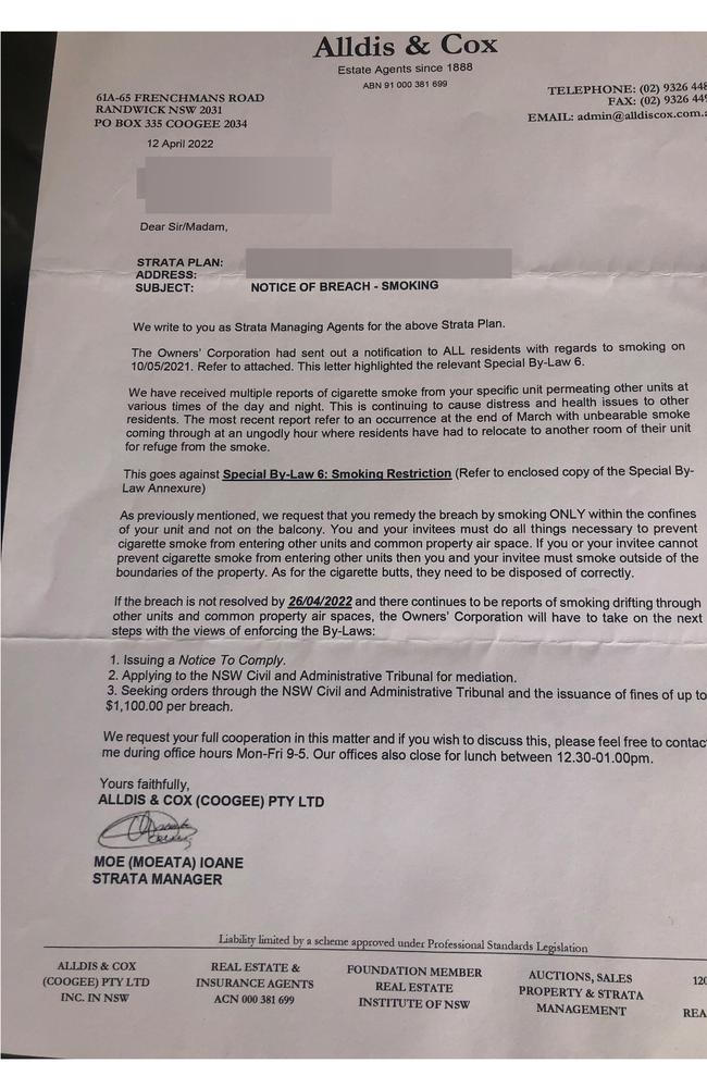 The letter strata sent to tell Ms Nartova to stop smoking on her balcony. Picture: Alex Turner-Cohen/news.com.au