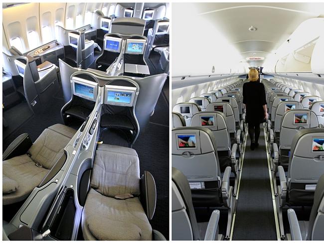 The first class section of a United Airlines plane, left, and coach in a JetBlue plane. Picture: AP