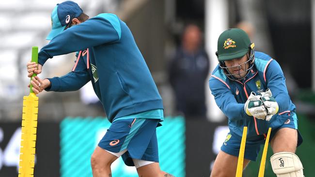 Wicketkeeper Alex Carey practises stumpings during the Australian team’s nets session ahead of the third Ashes Test at Headingley. Picture: Getty Images