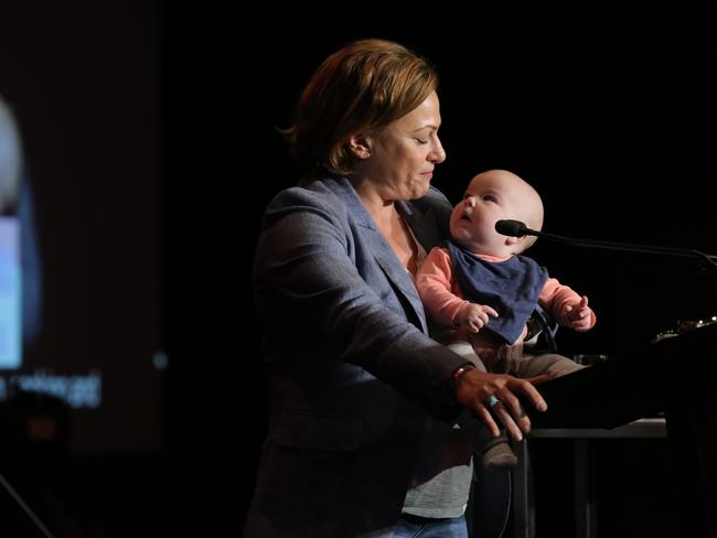 Jackie Trad with baby Evie Pianta (daughter of Nikki Boyd MP). Picture: Mark Cranitch.