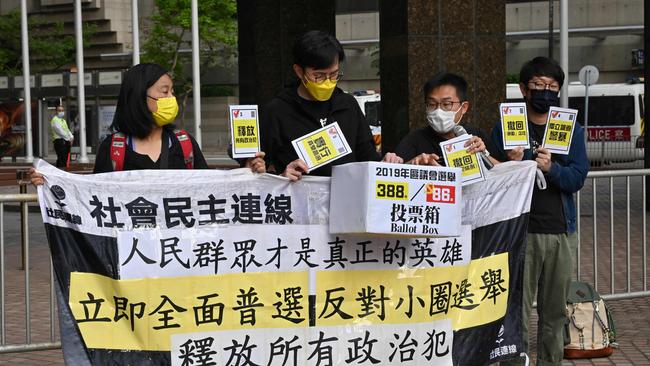 Hong Kong’s League of Social Democrats protests against Beijing’s changes to the territory’s electoral system. Picture: AFP