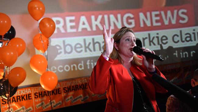 Centre Alliance candidate Rebekha Sharkie makes her victory speech at Mt Barker’s Wallis theatre. Picture: AAP / David Mariuz