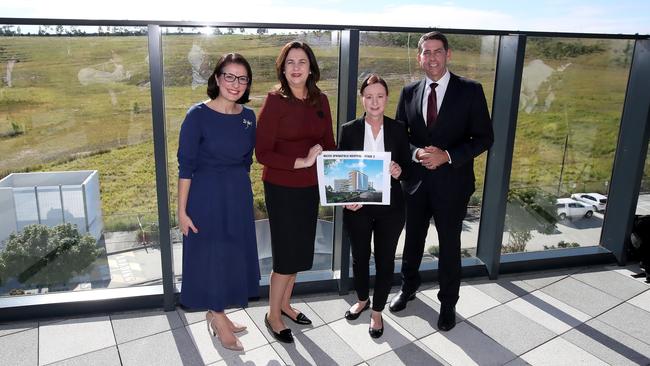 Jordan MP Charis Mullen, Premier Annastacia Palaszczuk, Health Minister Yvette D’Ath and Treasurer Cameron Dick announced a public hospital for Springfield in May. Picture: NCA NewsWire/Jono Searle