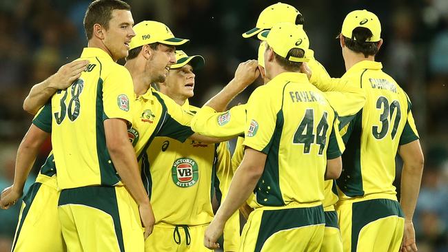 The Australian team celebrate a wicket against New Zealand in the ODI series.