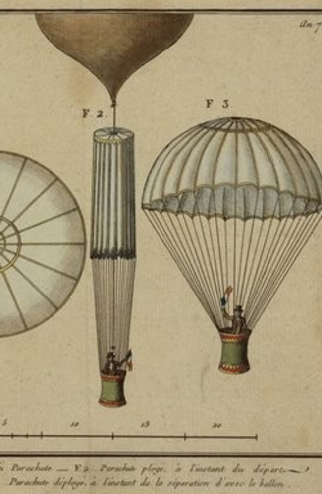 A sketch showing Andre-Jacques Garnerin parachute jump in 1797 from a balloon 680m above the Parc Monceau in Paris. 