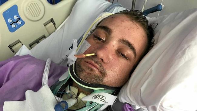 Caloundra man Chris Brace, 21, remains in a Brisbane hospital, still fighting for his life after an accident on Aerodrome Rd in Maroochydore in January.