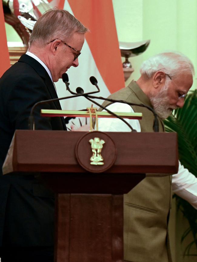 Indian Prime Minister Narendra Modi and Australia's Prime Minister Anthony Albanese leave after the rare public rebuke. Picture: AFP