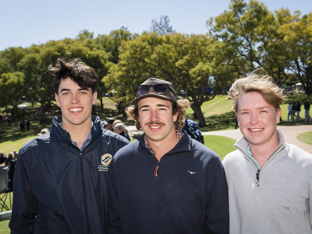 At Grammar Downlands Day are (from left) Tom Bradley, Charlie Sheahan and Frank Cory at Toowoomba Grammar School, Saturday, August 19, 2023. Picture: Kevin Farmer