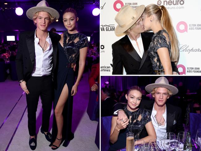 Cody Simpson and Gigi Hadid attend the Elton John’s Oscars Viewing Party 2015. Picture: