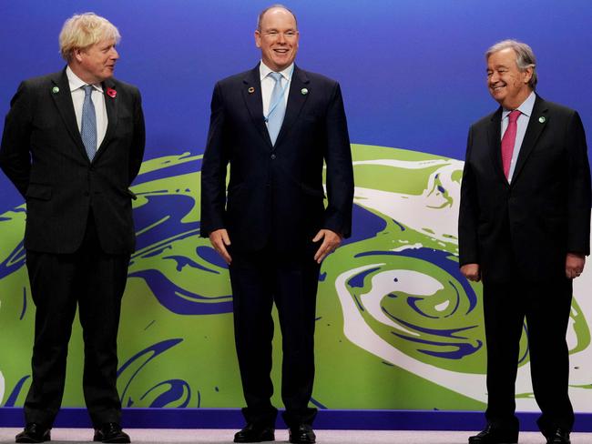 Boris Johnson and United Nations Secretary General Antonio Guterres greet Prince Albert II of Monaco as they arrive to attend the COP26 UN Climate Change Conference in Glasgow. Picture: Supplied