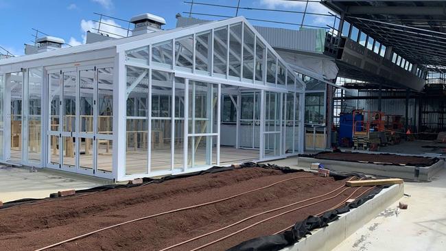 A cafe will be located among the plants growing in the huge greenhouse on the rooftop.