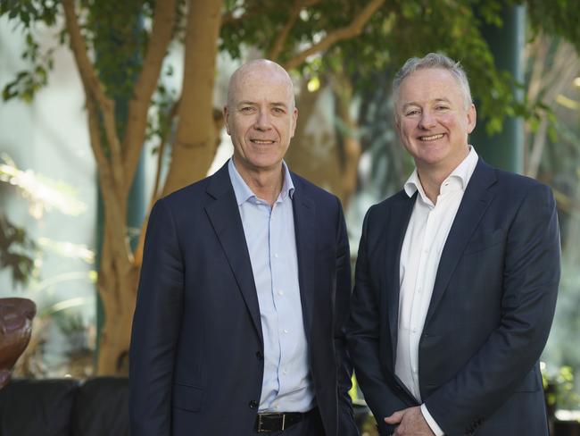 Fairfax Media CEO Greg Hywood and Nine CEO Hugh Marks announce the merger.