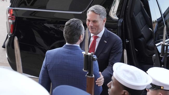 US Secretary of Defence Pete Hegseth (L) welcomes Australian Deputy Prime Minister and Defense Minister Richard Marles to the Pentagon in Washington, DC. Picture: AFP