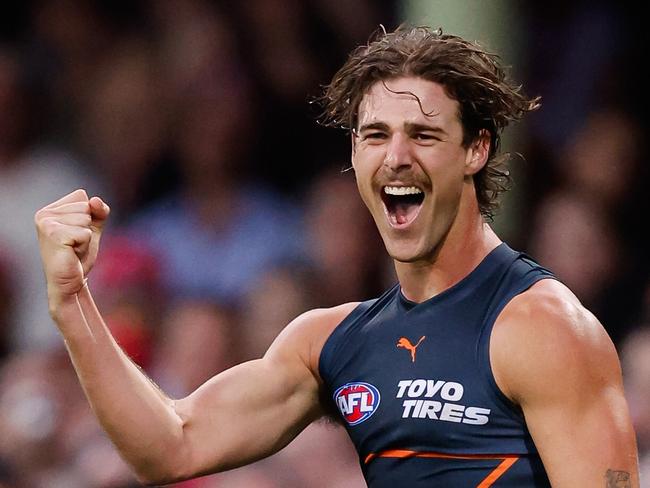 SYDNEY, AUSTRALIA - SEPTEMBER 07: James Peatling of the Giants celebrates a goal during the 2024 AFL First Qualifying Final match between the Sydney Swans and the GWS GIANTS at The Sydney Cricket Ground on September 07, 2024 in Sydney, Australia. (Photo by Dylan Burns/AFL Photos via Getty Images)